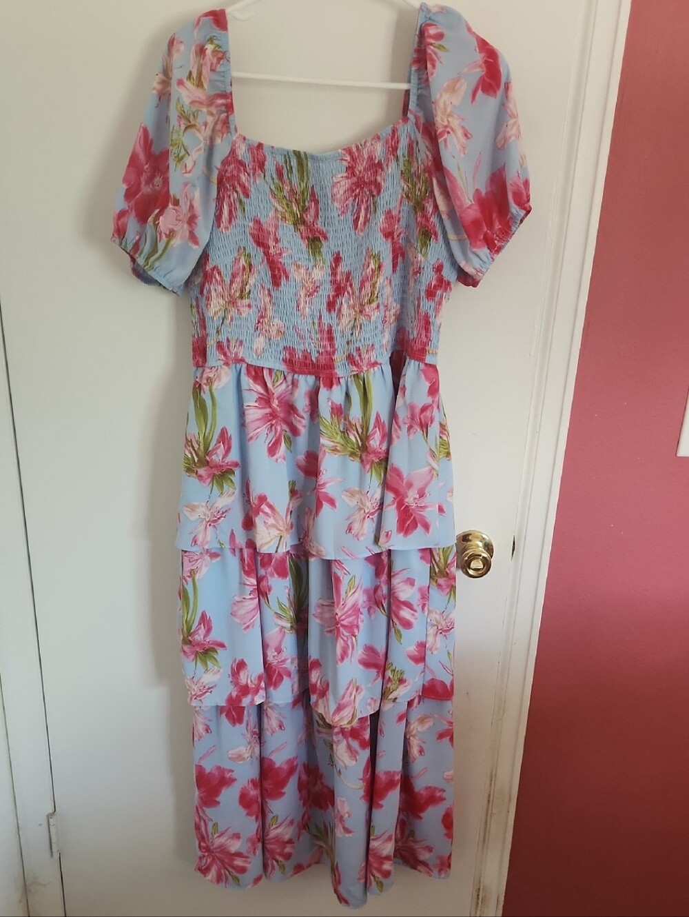 Light Blue Floral Tiered Dress with Puff Sleeves